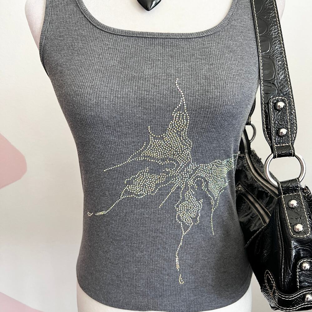 Butterfly Rhinestone Tank‎ Top, Y2K 2000s Bling Indie Sleaze Small - Picture 2 of 5